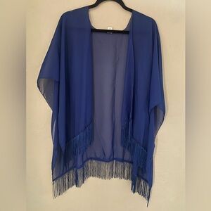 Blue Sheer Fringe Kimono Batwing Top